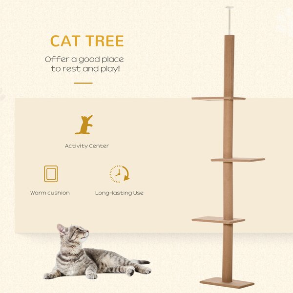 PawHut Floor to Ceiling Cat Tree, 260cm Tall with 3 Perches and Flannel Upholstery, Activity & Rest Tower, Brown Aosom UK