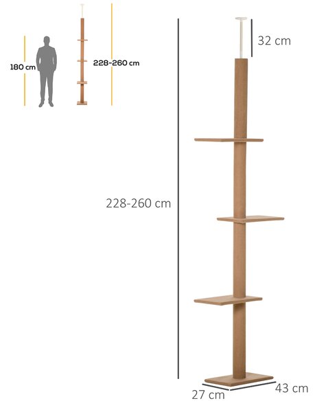 PawHut Floor to Ceiling Cat Tree, 260cm Tall with 3 Perches and Flannel Upholstery, Activity & Rest Tower, Brown Aosom UK