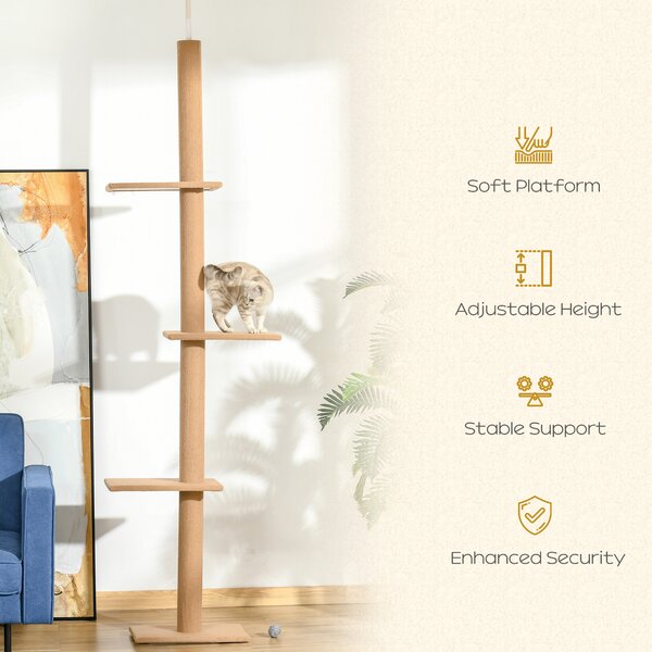 PawHut Floor to Ceiling Cat Tree, 260cm Tall with 3 Perches and Flannel Upholstery, Activity & Rest Tower, Brown Aosom UK