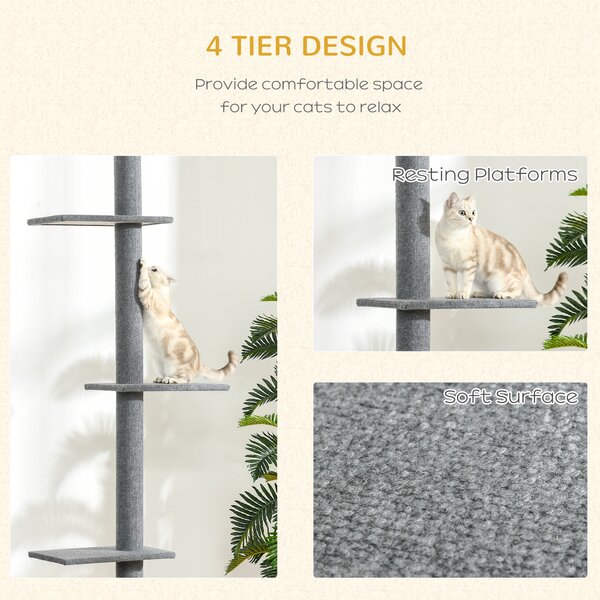 PawHut Cat Tree Tower, Floor to Ceiling with 3 Perches, Scratching Posts, Activity Centre for Kittens, Grey Aosom UK