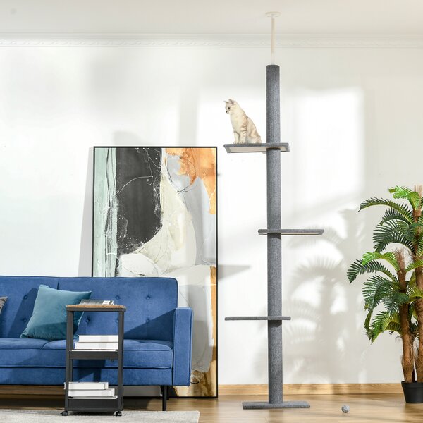 PawHut Cat Tree Tower, Floor to Ceiling with 3 Perches, Scratching Posts, Activity Centre for Kittens, Grey Aosom UK