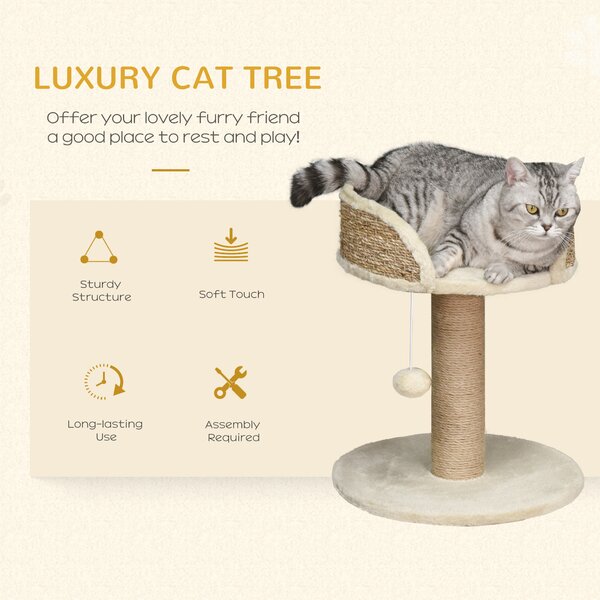 PawHut Cat Tree Tower Basics with Bed, Scratching Post, Activity Centre, Kitten House, Dangling Ball Perch, Beige Aosom UK