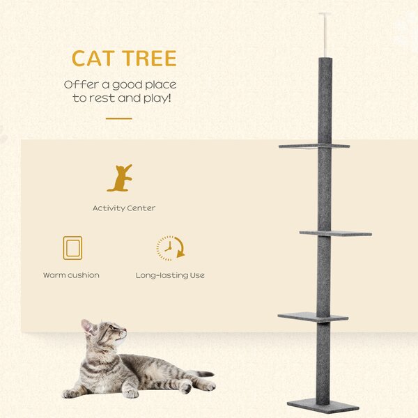 PawHut Cat Tree Tower, Floor to Ceiling with 3 Perches, Scratching Posts, Activity Centre for Kittens, Grey Aosom UK