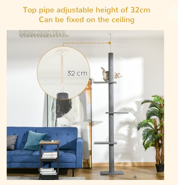 PawHut Cat Tree Tower, Floor to Ceiling with 3 Perches, Scratching Posts, Activity Centre for Kittens, Grey Aosom UK