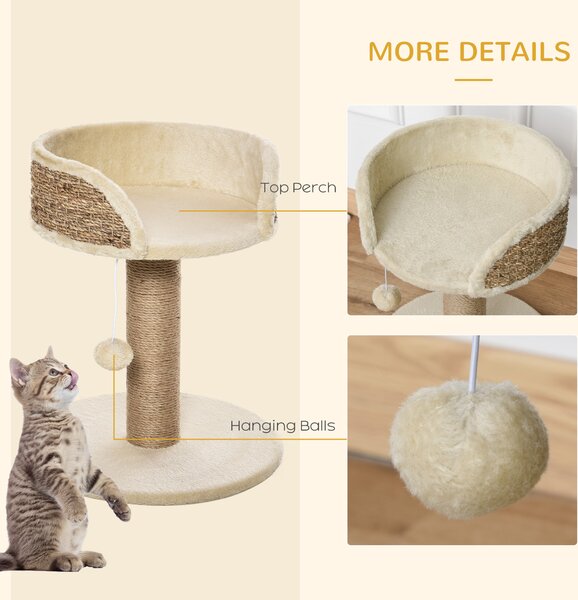 PawHut Cat Tree Tower Basics with Bed, Scratching Post, Activity Centre, Kitten House, Dangling Ball Perch, Beige Aosom UK