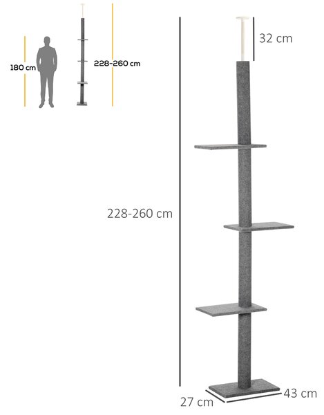 PawHut Cat Tree Tower, Floor to Ceiling with 3 Perches, Scratching Posts, Activity Centre for Kittens, Grey Aosom UK