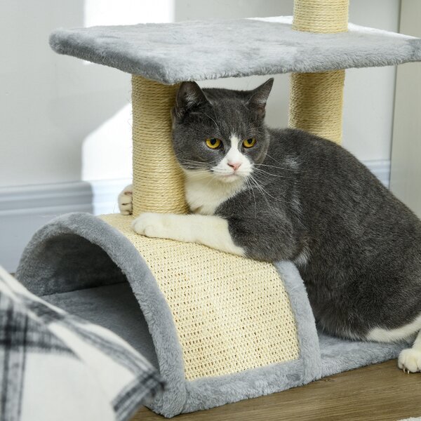 PawHut Compact Cat Tree for Indoor Use, Multi-Level with Sisal Scratching Posts, Cushioned Platform, Hanging Ball, Light Grey Aosom UK