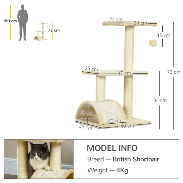 PawHut 72cm Cat Tree, Indoor Scratching Post with Pad, Sturdy and Comfortable, Cream White Aosom UK