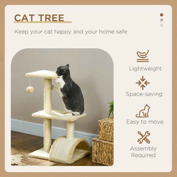 PawHut 72cm Cat Tree, Indoor Scratching Post with Pad, Sturdy and Comfortable, Cream White Aosom UK