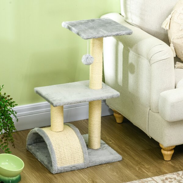 PawHut Compact Cat Tree for Indoor Use, Multi-Level with Sisal Scratching Posts, Cushioned Platform, Hanging Ball, Light Grey Aosom UK