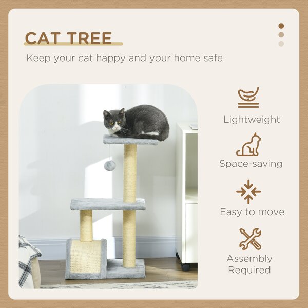 PawHut Compact Cat Tree for Indoor Use, Multi-Level with Sisal Scratching Posts, Cushioned Platform, Hanging Ball, Light Grey Aosom UK