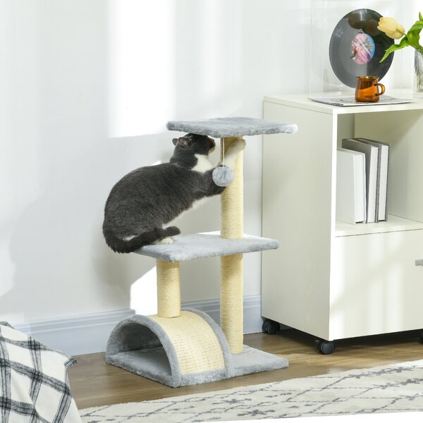 PawHut Compact Cat Tree for Indoor Use, Multi-Level with Sisal Scratching Posts, Cushioned Platform, Hanging Ball, Light Grey Aosom UK