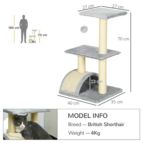 PawHut Compact Cat Tree for Indoor Use, Multi-Level with Sisal Scratching Posts, Cushioned Platform, Hanging Ball, Light Grey Aosom UK