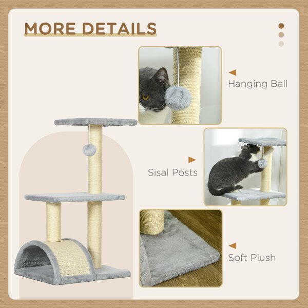 PawHut Compact Cat Tree for Indoor Use, Multi-Level with Sisal Scratching Posts, Cushioned Platform, Hanging Ball, Light Grey Aosom UK
