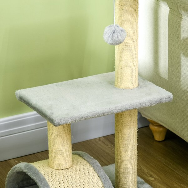 PawHut Compact Cat Tree for Indoor Use, Multi-Level with Sisal Scratching Posts, Cushioned Platform, Hanging Ball, Light Grey Aosom UK