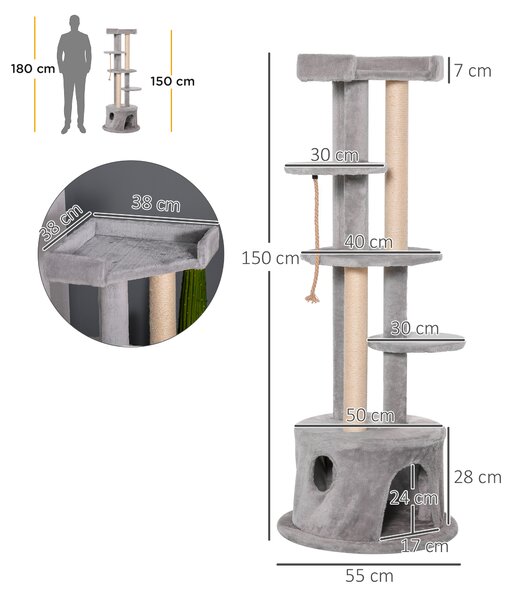 PawHut Cat Tree Multi-Level, Kitten Tower Activity Centre with Scratching Post, Condo, Hanging Ropes & Plush Perches, Grey