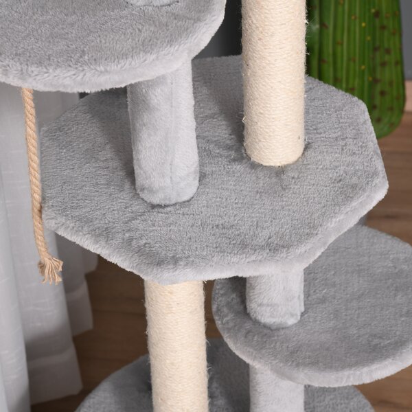 PawHut Cat Tree Multi-Level, Kitten Tower Activity Centre with Scratching Post, Condo, Hanging Ropes & Plush Perches, Grey