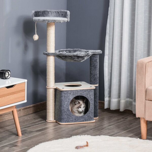 PawHut Cat Tower, 95cm Climbing Kitten Activity Centre with Sisal Scratching Posts, Perch, Spacious Condo, and Hammock, Grey Aosom UK