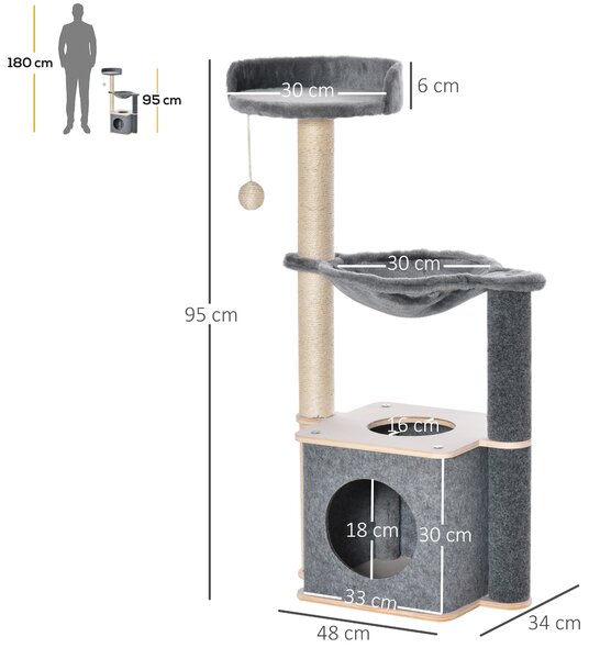 PawHut Cat Tower, 95cm Climbing Kitten Activity Centre with Sisal Scratching Posts, Perch, Spacious Condo, and Hammock, Grey Aosom UK