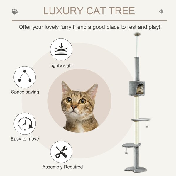 PawHut Multi-Level Cat Tree, Kitten Activity Tower, Condo, Indoor Play House with Scratching Post, Hanging Balls, Light Grey Aosom UK