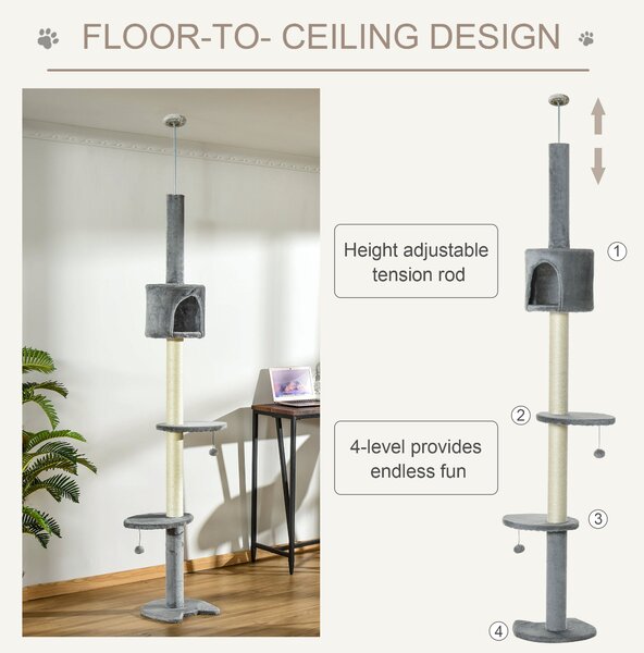 PawHut Multi-Level Cat Tree, Kitten Activity Tower, Condo, Indoor Play House with Scratching Post, Hanging Balls, Light Grey Aosom UK