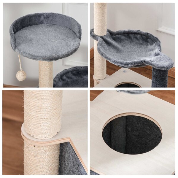 PawHut Cat Tower, 95cm Climbing Kitten Activity Centre with Sisal Scratching Posts, Perch, Spacious Condo, and Hammock, Grey Aosom UK