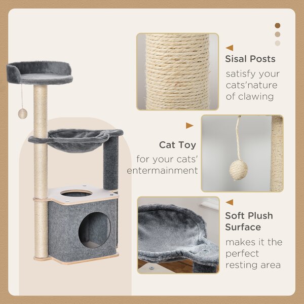 PawHut Cat Tower, 95cm Climbing Kitten Activity Centre with Sisal Scratching Posts, Perch, Spacious Condo, and Hammock, Grey Aosom UK