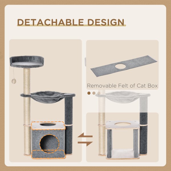 PawHut Cat Tower, 95cm Climbing Kitten Activity Centre with Sisal Scratching Posts, Perch, Spacious Condo, and Hammock, Grey Aosom UK