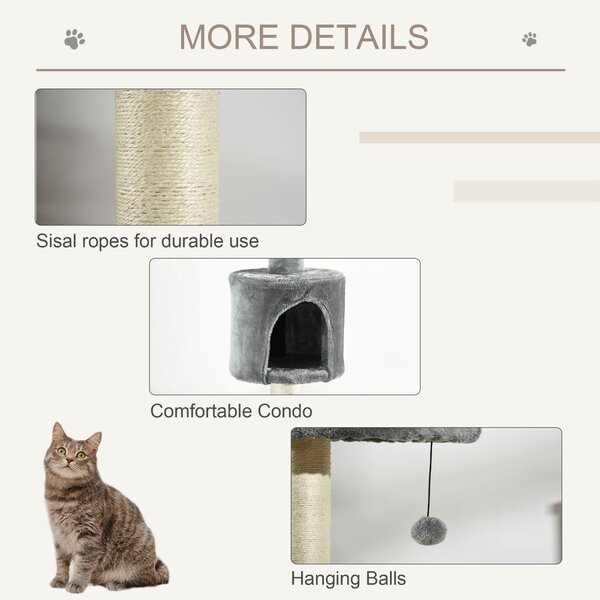 PawHut Multi-Level Cat Tree, Kitten Activity Tower, Condo, Indoor Play House with Scratching Post, Hanging Balls, Light Grey Aosom UK