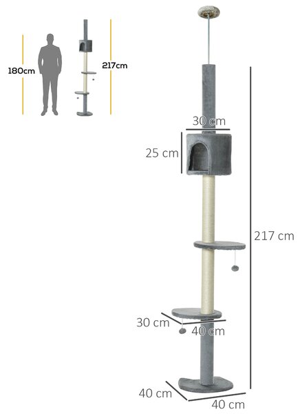 PawHut Multi-Level Cat Tree, Kitten Activity Tower, Condo, Indoor Play House with Scratching Post, Hanging Balls, Light Grey Aosom UK