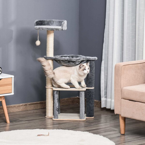 PawHut Cat Tower, 95cm Climbing Kitten Activity Centre with Sisal Scratching Posts, Perch, Spacious Condo, and Hammock, Grey Aosom UK