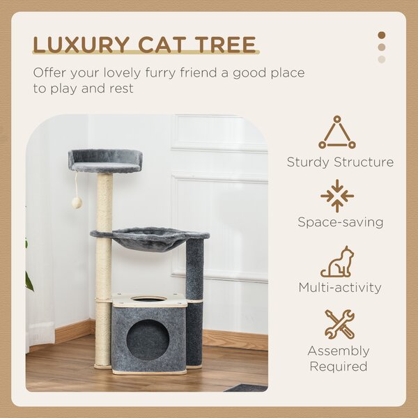 PawHut Cat Tower, 95cm Climbing Kitten Activity Centre with Sisal Scratching Posts, Perch, Spacious Condo, and Hammock, Grey Aosom UK