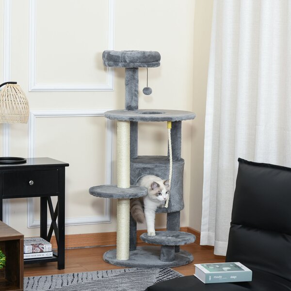 PawHut Cat Tree Tower, 112cm, with Jute Scratching Post, Perch, Hanging Ball, Teasing Rope for Climbing Kittens, Dark Grey Aosom UK