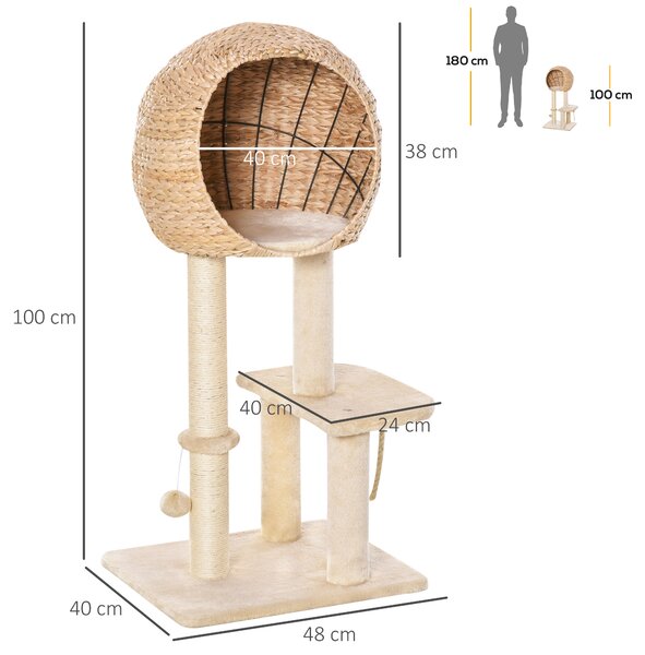 PawHut Cat tree Cat Tower 100cm Climbing Activity Center with Sisal Scratching Post Condo Perch Hanging Balls Teasing Rope Toy Cushion Aosom UK