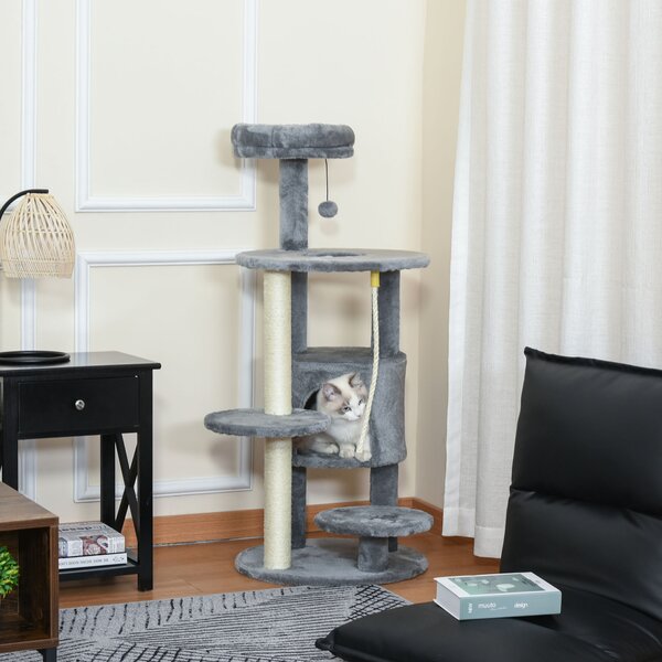 PawHut Cat Tree Tower, 112cm, with Jute Scratching Post, Perch, Hanging Ball, Teasing Rope for Climbing Kittens, Dark Grey Aosom UK