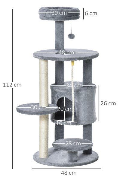 PawHut Cat Tree Tower, 112cm, with Jute Scratching Post, Perch, Hanging Ball, Teasing Rope for Climbing Kittens, Dark Grey Aosom UK