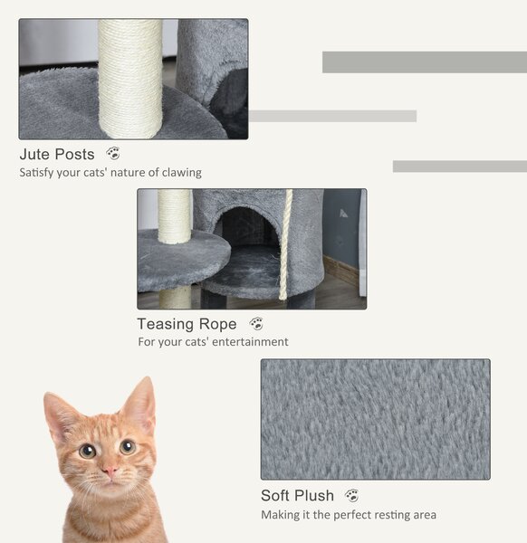 PawHut Cat Tree Tower, 112cm, with Jute Scratching Post, Perch, Hanging Ball, Teasing Rope for Climbing Kittens, Dark Grey Aosom UK