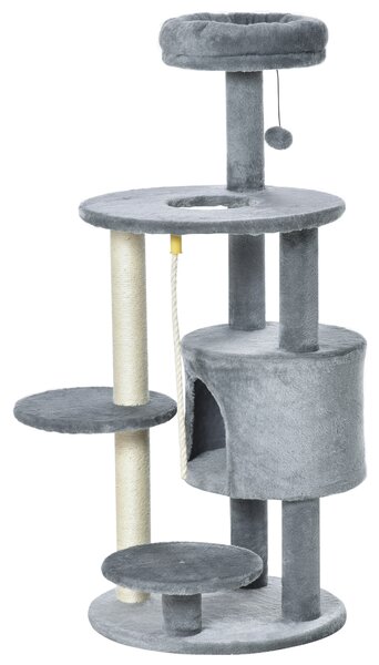 PawHut Cat Tree Tower, 112cm, with Jute Scratching Post, Perch, Hanging Ball, Teasing Rope for Climbing Kittens, Dark Grey Aosom UK
