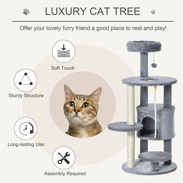 PawHut Cat Tree Tower, 112cm, with Jute Scratching Post, Perch, Hanging Ball, Teasing Rope for Climbing Kittens, Dark Grey Aosom UK