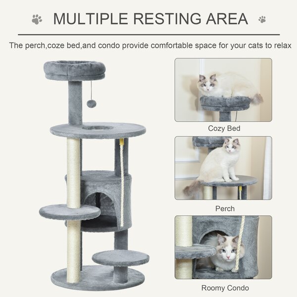 PawHut Cat Tree Tower, 112cm, with Jute Scratching Post, Perch, Hanging Ball, Teasing Rope for Climbing Kittens, Dark Grey Aosom UK