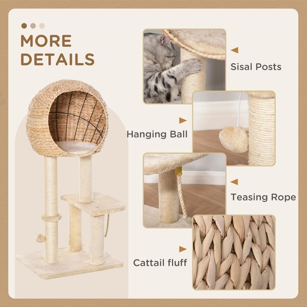 PawHut Cat tree Cat Tower 100cm Climbing Activity Center with Sisal Scratching Post Condo Perch Hanging Balls Teasing Rope Toy Cushion Aosom UK