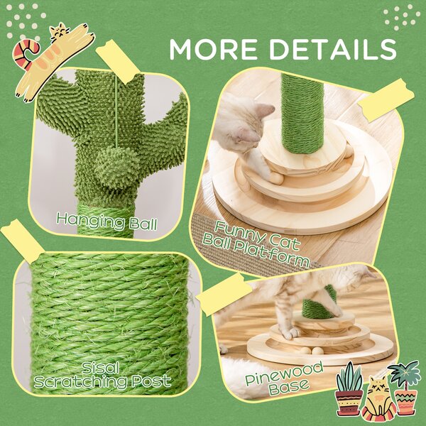 PawHut Cactus-Shaped Cat Tree Tower, Green, with Sisal Scratching Post, Hanging Ball, Funny Cat Ball Platform, 32 x 32 x 60cm Aosom UK