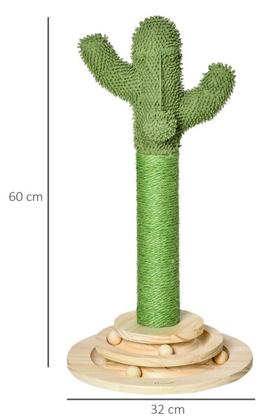 PawHut Cactus-Shaped Cat Tree Tower, Green, with Sisal Scratching Post, Hanging Ball, Funny Cat Ball Platform, 32 x 32 x 60cm Aosom UK