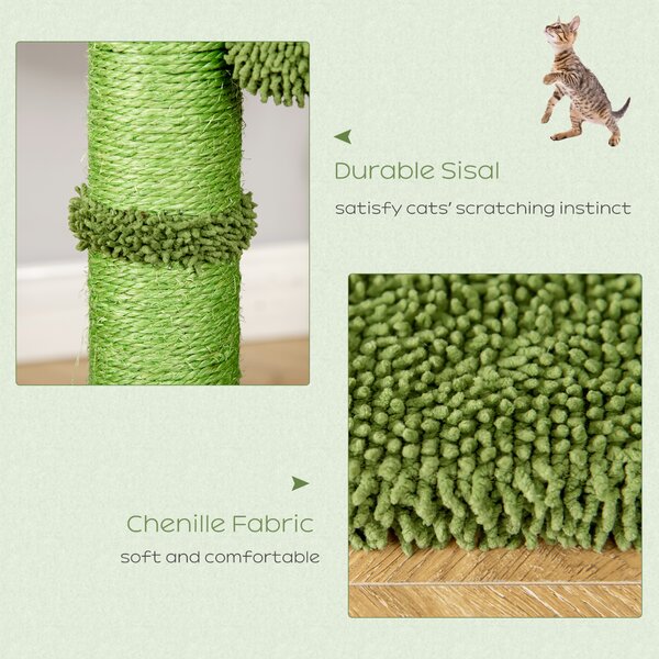 PawHut Cat Tower Kitten Activity Center Cactus Shape with Scratching Post Hammock Bed Dangling Ball Toy Aosom UK