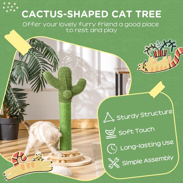 PawHut Cactus-Shaped Cat Tree Tower, Green, with Sisal Scratching Post, Hanging Ball, Funny Cat Ball Platform, 32 x 32 x 60cm Aosom UK