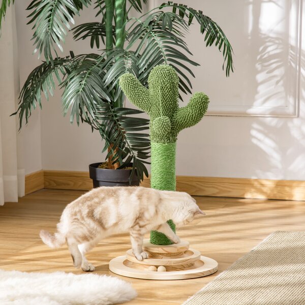 PawHut Cactus-Shaped Cat Tree Tower, Green, with Sisal Scratching Post, Hanging Ball, Funny Cat Ball Platform, 32 x 32 x 60cm Aosom UK