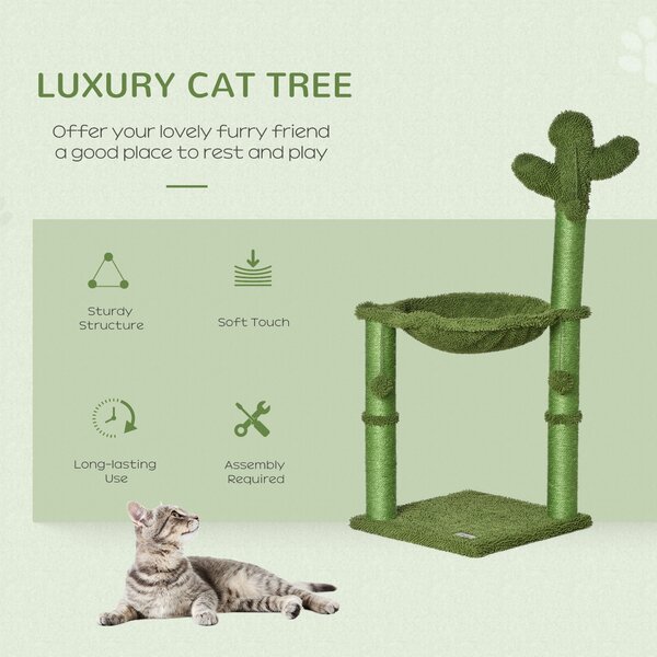 PawHut Cat Tower Kitten Activity Center Cactus Shape with Scratching Post Hammock Bed Dangling Ball Toy Aosom UK