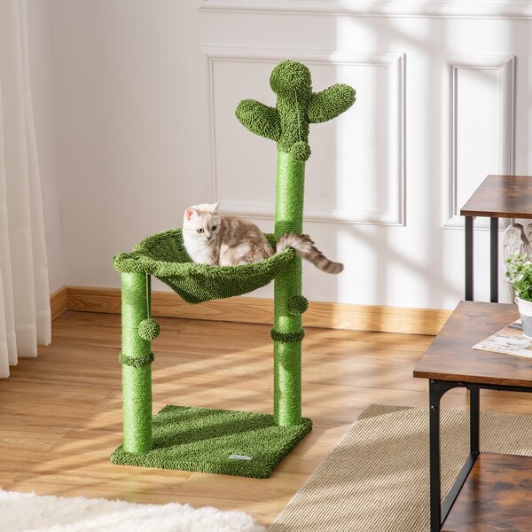 PawHut Cat Tower Kitten Activity Center Cactus Shape with Scratching Post Hammock Bed Dangling Ball Toy Aosom UK