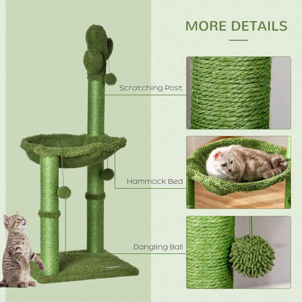 PawHut Cat Tower Kitten Activity Center Cactus Shape with Scratching Post Hammock Bed Dangling Ball Toy Aosom UK