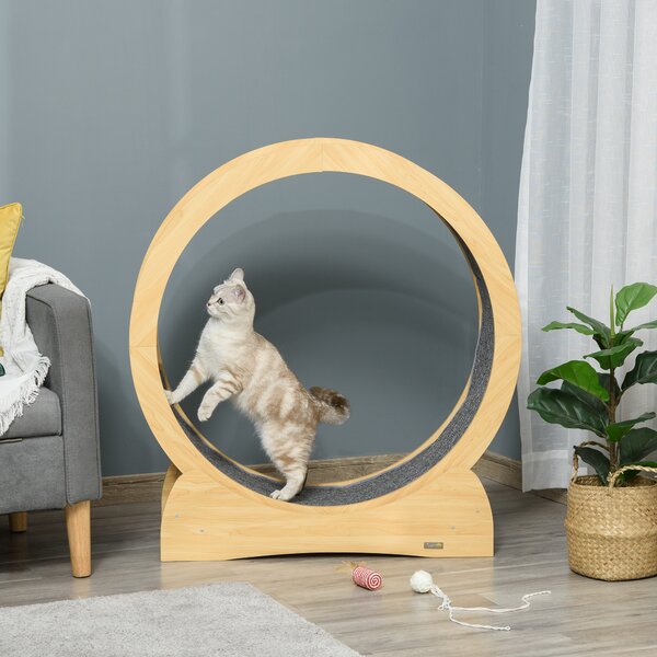 PawHut Cat Treadmill, Wooden Cat Exercise Wheel with Carpeted Runway, Cat Running Wheel, Cat Tree for Physical Activity, Natural Wood Aosom UK
